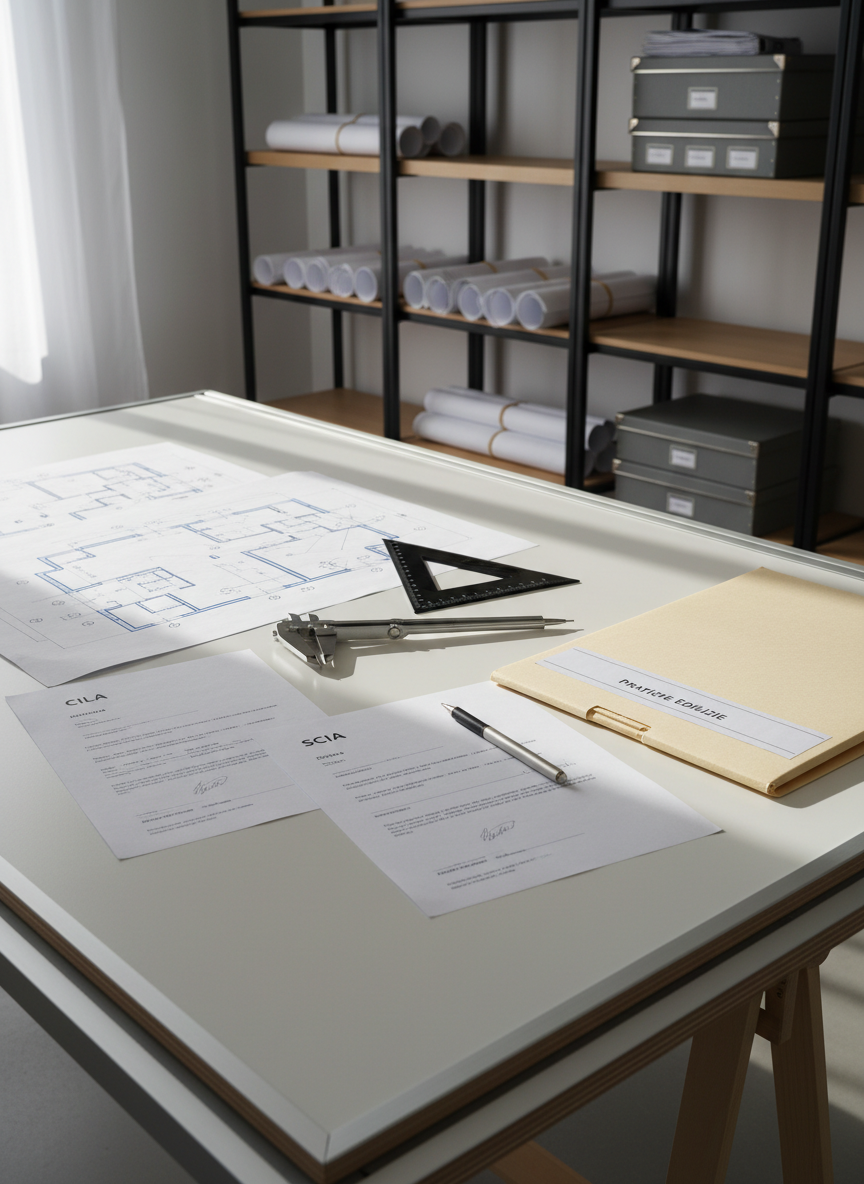 A meticulously organized architectural workspace featuring a large, matte-white drafting table covered with precise technical drawings of a residential renovation, CILA and SCIA forms, and neatly arranged measuring tools. High-end metal calipers, a sleek black scale ruler, and a silver mechanical pencil rest beside a crisp folder labeled “Pratiche Edilizie”. In the background, tall shelves hold rolled blueprints and grey archival boxes. Soft natural daylight enters from an unseen side window, casting gentle, accurate shadows and subtle highlights on the paper texture. Photographic realism, eye-level composition with slight angle, sharp focus throughout, conveying a sophisticated, orderly, and professional atmosphere perfect for an Italian geomatra’s studio website.